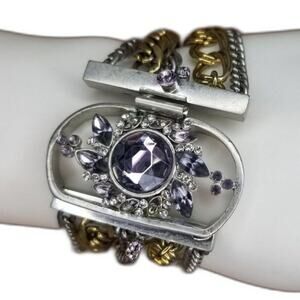 Vintage Layered Chain Link Gold Silver Tone Cuff Bracelet Crystal Adorned Flower